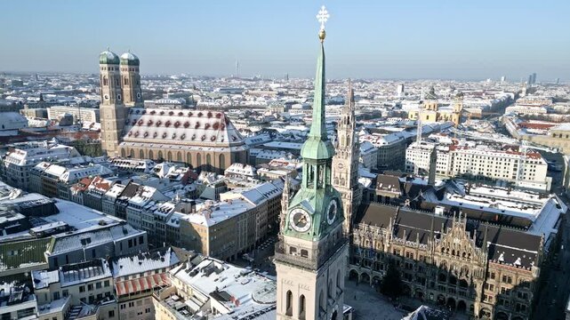 Saint Peter's Chruch, Marienplatz, Munich's Old-Town, Drone Flight