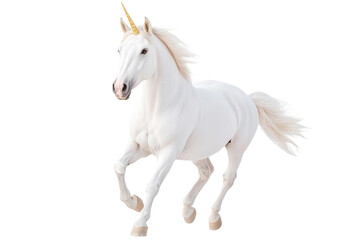 Fototapeta premium A white unicorn with a golden horn is running on a white or transparent background, PNG clipart.