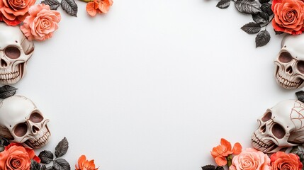 A creative arrangement of skulls and roses, perfect for Halloween themes or gothic designs, showcasing beauty and mortality.