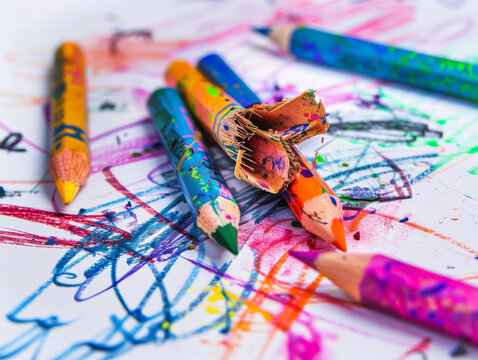 A set of colorful crayons with the top one broken and crumpled, lying on white paper in a close-up, detailed view of pencil marks