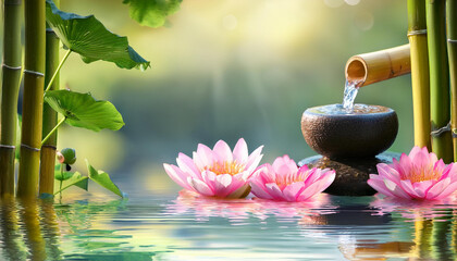 lotus flower in water and waterfall in bamboo