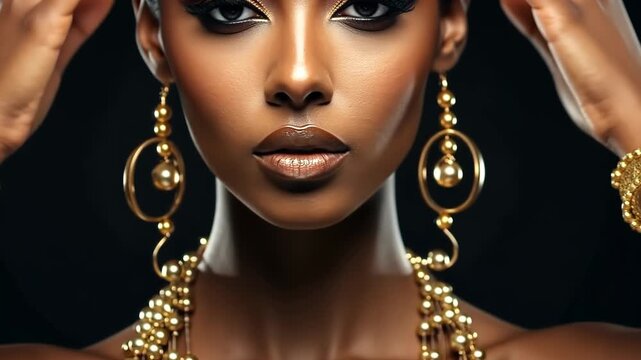 Jewelry fashion, woman in luxury creative golden pearls jewels, glamour female african American model with beauty face makeup wearing expensive gold stylish Jewelry on black background