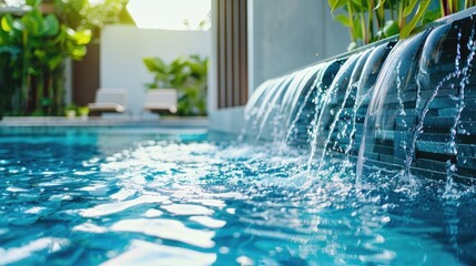 Clear blue pool with flowing water feature - Powered by Adobe