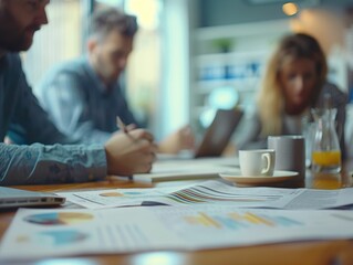 Professionals discussing strategies and analysis, sitting around a table with laptops, papers, and beverages.