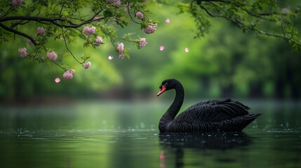Obraz premium A black swan gliding gracefully on a tranquil lake surrounded by blooming cherry blossoms in a serene park during spring