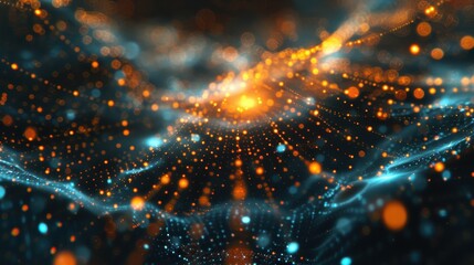 Fototapeta premium Abstract digital network visualization with glowing orange and blue nodes representing data, technology, and connectivity.