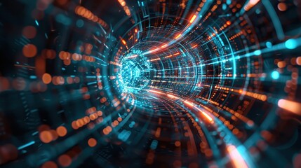 Obraz premium Abstract digital tunnel with dynamic glowing lines and particles, representing data transfer and futuristic technology network visuals.