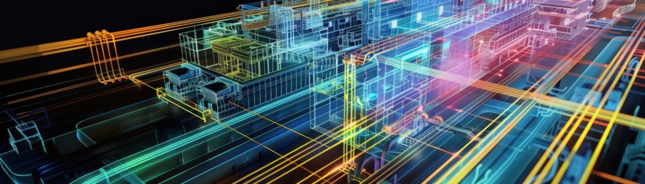 Abstract digital data visualization with colorful lines and glowing grids. High-tech, futuristic design representing connectivity and technology.