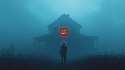 Raster illustration of man with a halloween pupkin head. Houses shrouded in white fog, twilight, dark terrifying silhouettes, horror, night, evil spirits. Mystic concept. 3D artwork raster background