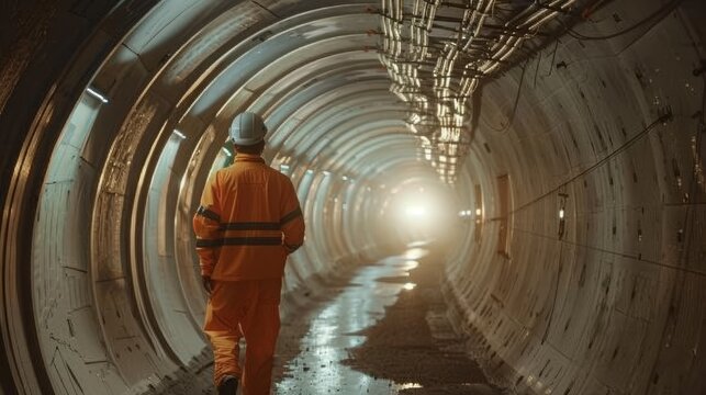 Fototapeta A lone worker in an orange jumpsuit and hard hat walks through an illuminated underground tunnel, with water reflections on the moist floor.
