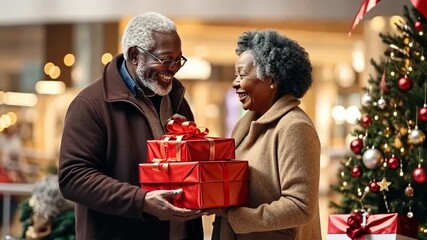 happy senior african American couple at christmas shopping mall market souvenir shop shopping presents, winter holidays and people concept  - Powered by Adobe