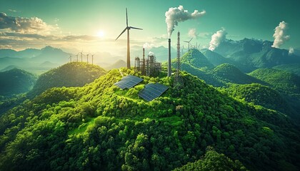 Obraz premium Green Energy Solutions: Powering the Future with Renewable Resources, renewable energy facility with a green background