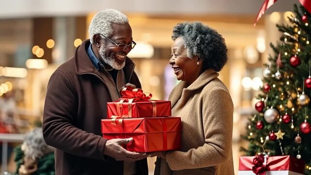 happy senior african American couple at christmas shopping mall market souvenir shop shopping presents, winter holidays and people concept  - Powered by Adobe