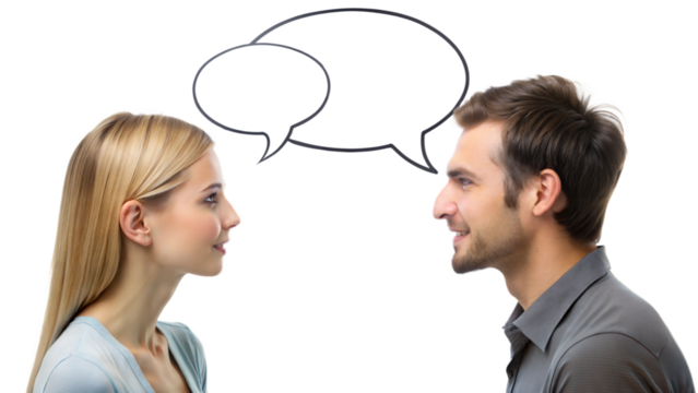 PNG couple face to face with speech bubbles transparent