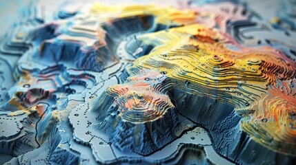 Colorful and intricate 3D topographic map model showcasing varied terrain elevations in vivid detail, perfect for geographical and educational purposes.