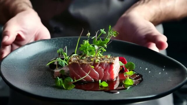 Expert master chef presenting a beautifully plated tuna steak, symbolizing culinary excellence and fine dining sophistication.