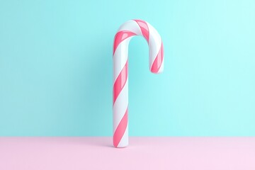 A 3D candy cane with a playful twist on a pastel mint background
