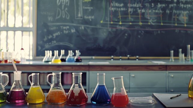 A well-lit chemistry classroom showing colorful beakers filled with various solutions on a lab table, a blackboard filled with scientific equations in the background. - Powered by Adobe