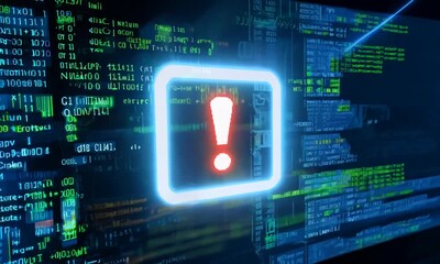 Animation of computer code with glitch effect and red exclamation mark on digital screen - Powered by Adobe