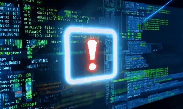 Animation of computer code with glitch effect and red exclamation mark on digital screen - Powered by Adobe
