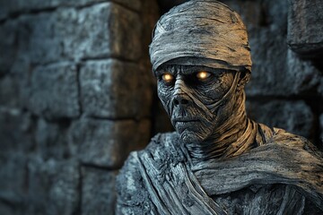 A 3D mummy with bandages hanging loose on a dark crypt background