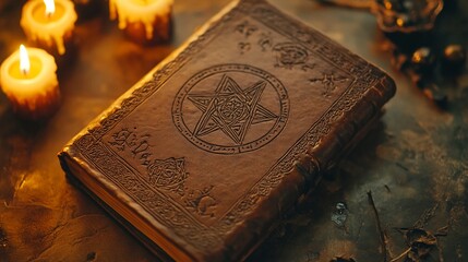 A witchs grimoire with ancient symbols on a candle-lit background