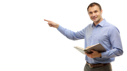 PNG man pointing forward holding book transparent