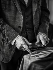 Fototapeta premium Old man in suit, working on clothes with gloves and antique scissors.