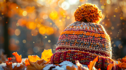 Colorful knitted hat with autumn leaves and bokeh lights