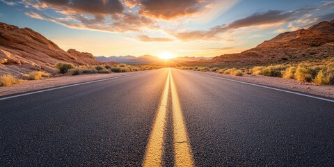 Landscape view of a desert highway at sunset with neon lights in the distance.