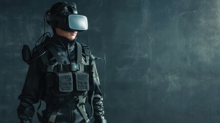 Futuristic soldier in tactical gear using virtual reality headset in dark room, concept of advanced military technology.