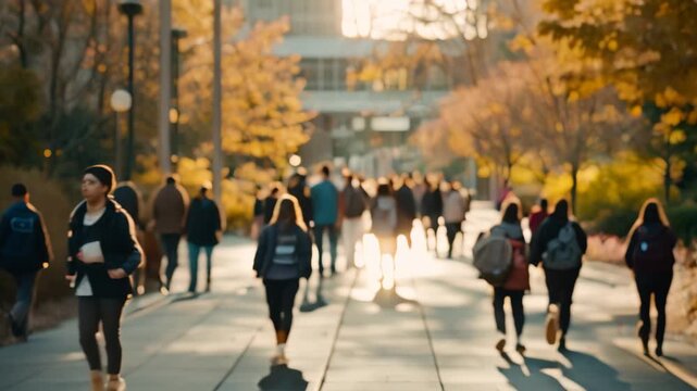 Students walk down a paved pathway on a college campus during autumn A bustling campus with students walking to class