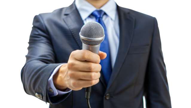 PNG businessman holding microphone in interview transparent - Powered by Adobe