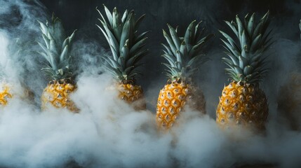Four Pineapples Enveloped in Smoke on a Dark Background