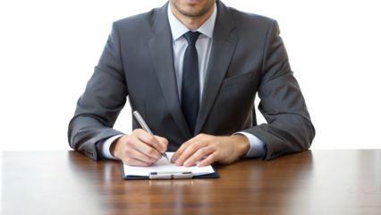 PNG businessman signing document at desk transparent