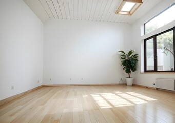 Obraz premium Bright and Airy Empty Room with Wooden Flooring and Skylight