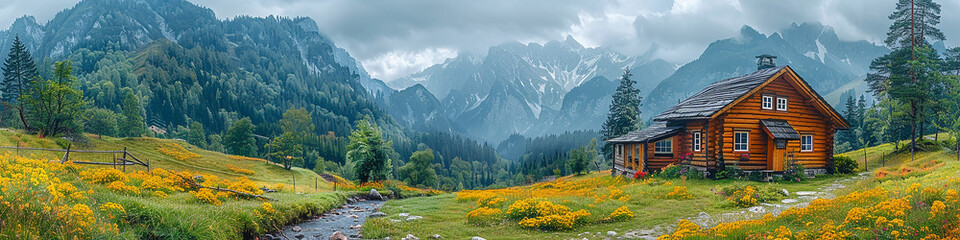 Fototapeta premium Ein malerisches Dorf in den Bergen, rustikale Holzhäuser, blumengeschmückte Gärten und ein plätschernder Bach, in einem klassischen, realistischen Stil.
