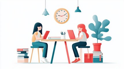 Fototapeta premium Two cartoon friends helping each other with homework, working together and smiling with determination.
