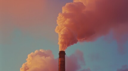 A towering smokestack releases heavy, billowing clouds of reddish-orange smoke against a clear sky.