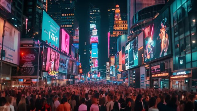 A vibrant nighttime scene of Times Square in New York City, bustling with people and illuminated by dazzling neon signs A bustling city street filled with people celebrating