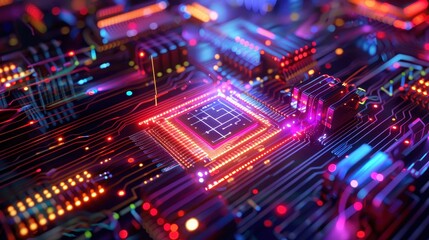 Obraz premium Vibrant and detailed circuit board with glowing lights, representing advanced technology and electronics. Perfect for tech-related media and presentations.