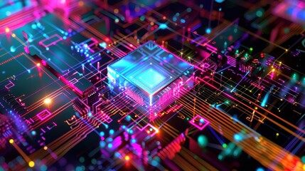Obraz premium Vivid close-up of an advanced microchip on a neon-colored circuit board, showcasing futuristic technology and innovation.