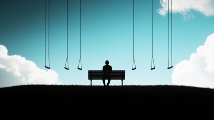 A single figure sitting alone on a bench, surrounded by empty swings and feeling the weight of heartbreak.