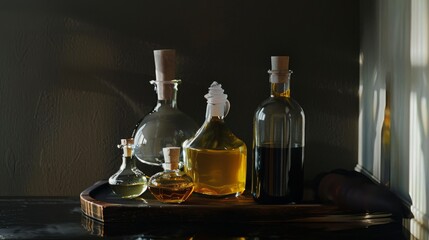 Sunlit bottles of various oils sitting on a wooden tray, casting beautiful reflections and shadows on a serene kitchen counter.