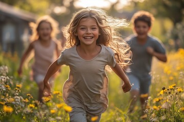 Fototapeta premium Children running joyfully through a flower-filled meadow during golden hour at a rural location