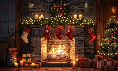 fireplace with christmas decorations, seamless looping time-lapse virtual video animation background - Powered by Adobe