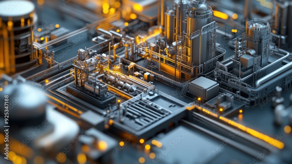 Poster Abstract Industrial Complex with Illuminated Piping and Structures