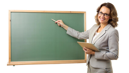 PNG educator with glasses pointing at green chalkboard transparent