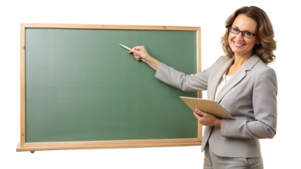 PNG educator with glasses pointing at green chalkboard transparent