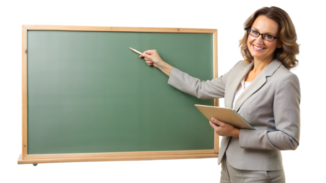 PNG educator with glasses pointing at green chalkboard transparent